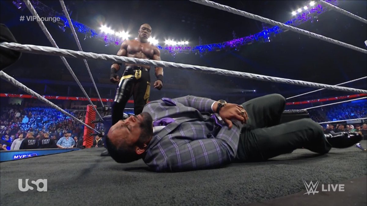 _LivePWUpdates's tweet image. @fightbobby goes to spear @_Theory1 but he pushes @The305MVP into the #AllMighty’s path and end ups spearing him. #WWERaw