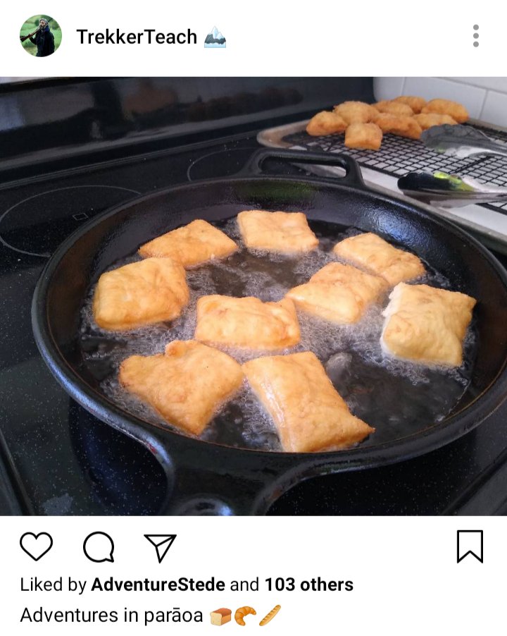 Ed's IG, image of parāoa pārai being fried in skillet. Caption reads "Adventures in parāoa" 