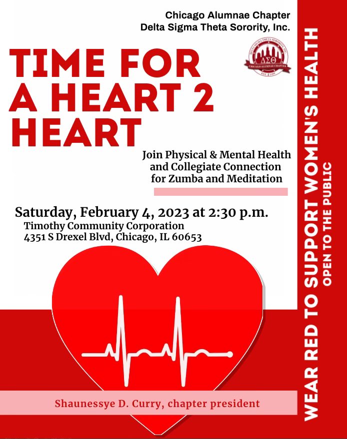 Among Black women ages 20 or older, nearly 59% have cardiovascular disease? Join the #ChicagoDeltas’ Physical and Mental Health &amp; Collegiate Connection committees on Feb. 4 to for a fun <a href="/American_Heart/">American Heart Association</a> Month activity. ❤️
Please bring a towel or yoga mat for meditation.