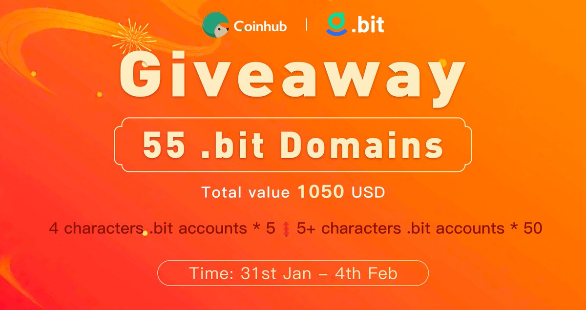 Coinhub_Wallet's tweet photo. Coinhub &amp; @dotbitHQ .bit Domain #Giveaway 

💰Total value 1050 USD
🎁4 characters .bit accounts * 5
🎁5+ characters .bit accounts * 50

⏰Time: 31st Jan - 4th Feb
Join Discord &amp; Follow Twitter to get your reward! 👉https://t.co/XPKenGu1iH

#Domains #Ethereum #BSC #Polygon #TRON https://t.co/BPBOt7WcU7