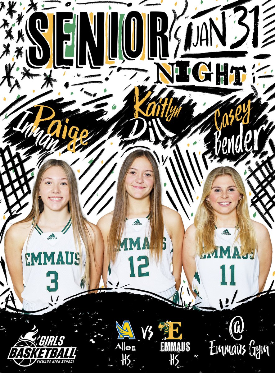 EHSGBB's tweet photo. SENIOR NIGHT GAME DAY 1/31! 
⛹️‍♀️🏀🔥

🆚William Allen High School
⏰ JH: 4pm | JV: 5:30pm | Varsity: 7pm
📺 https://t.co/uCi6B6AGPV
📍   Emmaus High School

Senior Night begins after JV game (typically 6:30-6:40) https://t.co/syH0MMbPCt