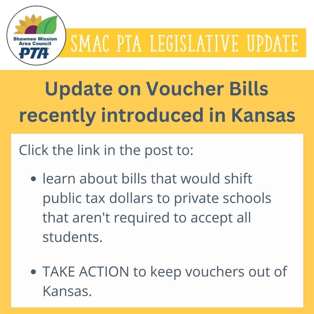 Read the latest SMAC PTA Legislative Update for info on voucher bills introduced in the Kansas legislature. Public dollars belong with public schools who accept and educate all children. Action Items included. smac-pta.org/_files/ugd/ba1…