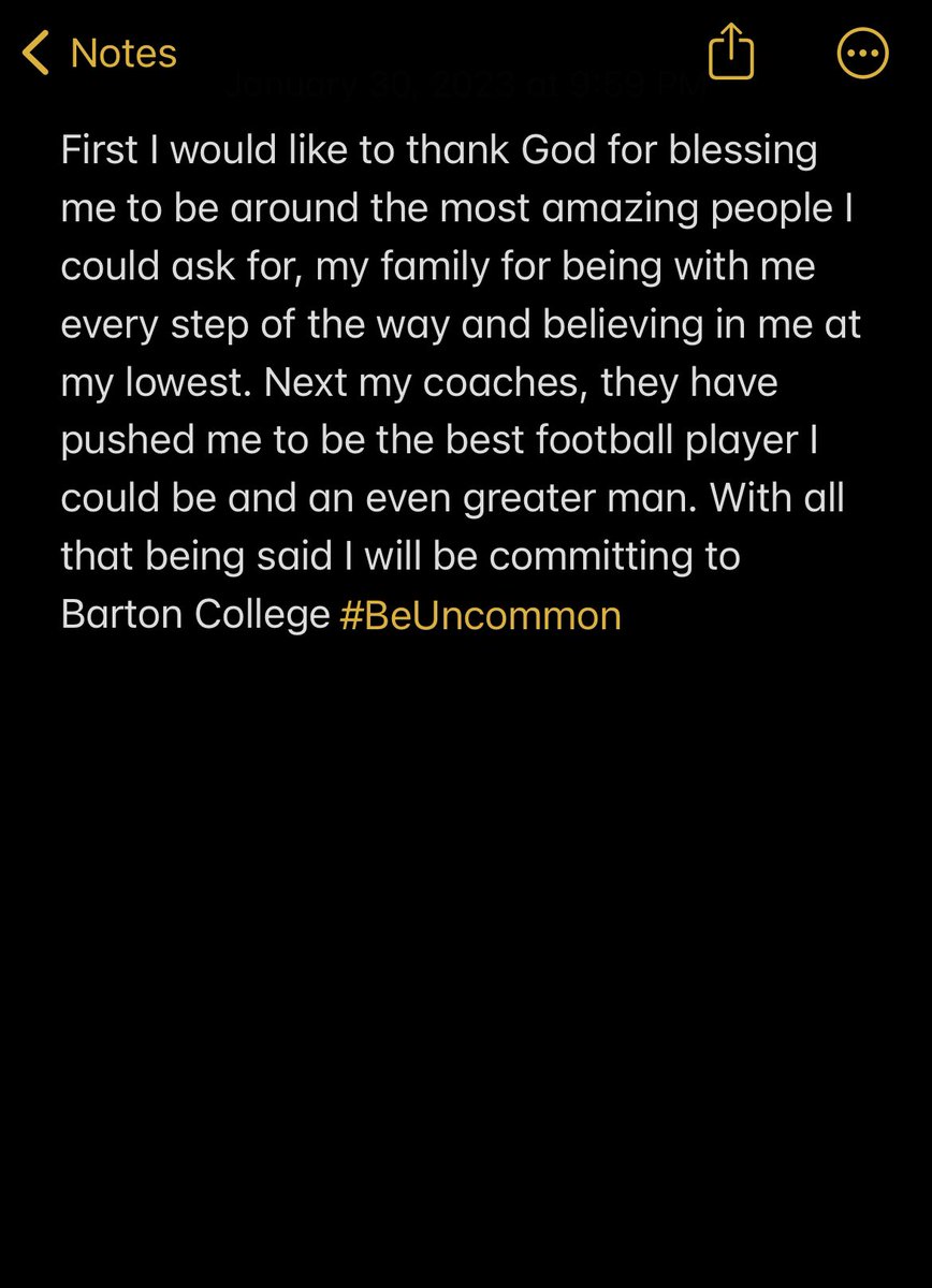 After a great talk with <a href="/CoachBurnetteBC/">Treiston Burnette</a> and a great talk with my family I am 100% committed to <a href="/barton_fb/">BartonCollegeFB</a> to carry on my academic and athletic career. #BeUncommon #deepwater #Committed