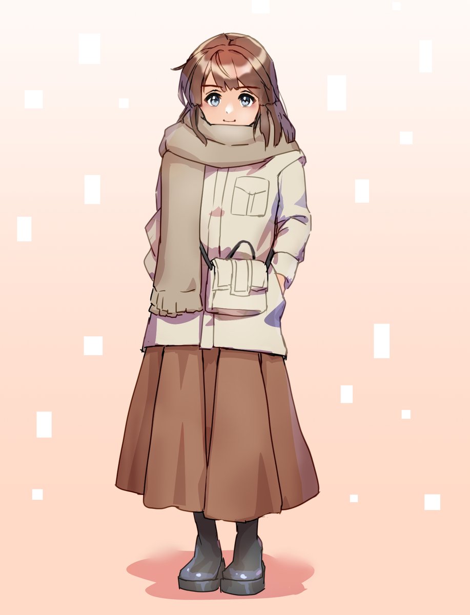1girl solo scarf skirt brown hair full body hands in pockets  illustration images