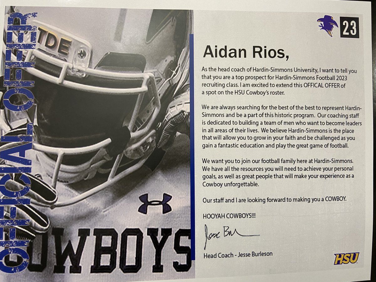 Aidan Rios (@aidanrios10) on Twitter photo Had a great official visit at <a href="/HSUCowboys/">Hardin-Simmons Cowboy Football</a>, and am blessed to have received my second offer from Hardin Simmons University! Thank you <a href="/CoachElkinsHSU/">JJ Elkins</a> and <a href="/BurlesonHSU/">Burleson</a> for the invite and opportunity! <a href="/MarionTx_FB/">Marion Bulldog Football</a> Had a great official visit at <a href="/HSUCowboys/">Hardin-Simmons Cowboy Football</a>, and am blessed to have received my second offer from Hardin Simmons University! Thank you <a href="/CoachElkinsHSU/">JJ Elkins</a> and <a href="/BurlesonHSU/">Burleson</a> for the invite and opportunity! <a href="/MarionTx_FB/">Marion Bulldog Football</a>