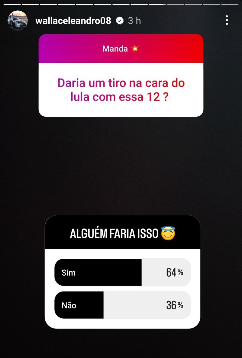 OFilipeArthur's tweet photo. O jogador Wallace do Sada Cruzeiro postou no Instagram uma resposta a pergunta se "daria um tiro na cara do Presidente Lula" e ainda fez enquete indicando que SIM faria isso.
Isso é um absurdo,o que o @sadacruzeiro @Cruzeiro e a @volei acham disso????? https://t.co/XHDMM10D6K