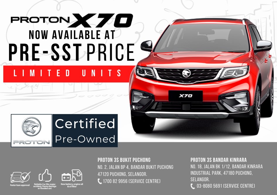 Book now to get the PRE-SST Proton X70 at Proton Lesydear Bukit Puchong.
#HiPROTON #INSPIRINGCONNECTIONS #PROTONX70 #IntelligencethatInspires
#ProtonLesydearBukitPuchong