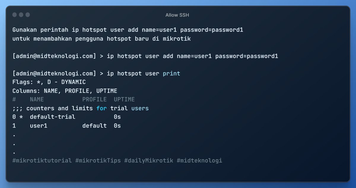 _4dinata's tweet image. Gunakan perintah ip hotspot user add name=user1 password=password1 untuk menambahkan pengguna hotspot baru.
Dukung Kreator 👉 cekgan.com/super-thanks
.

#mikrotiktutorial #mikrotikTips #dailyMikrotik #midteknologi