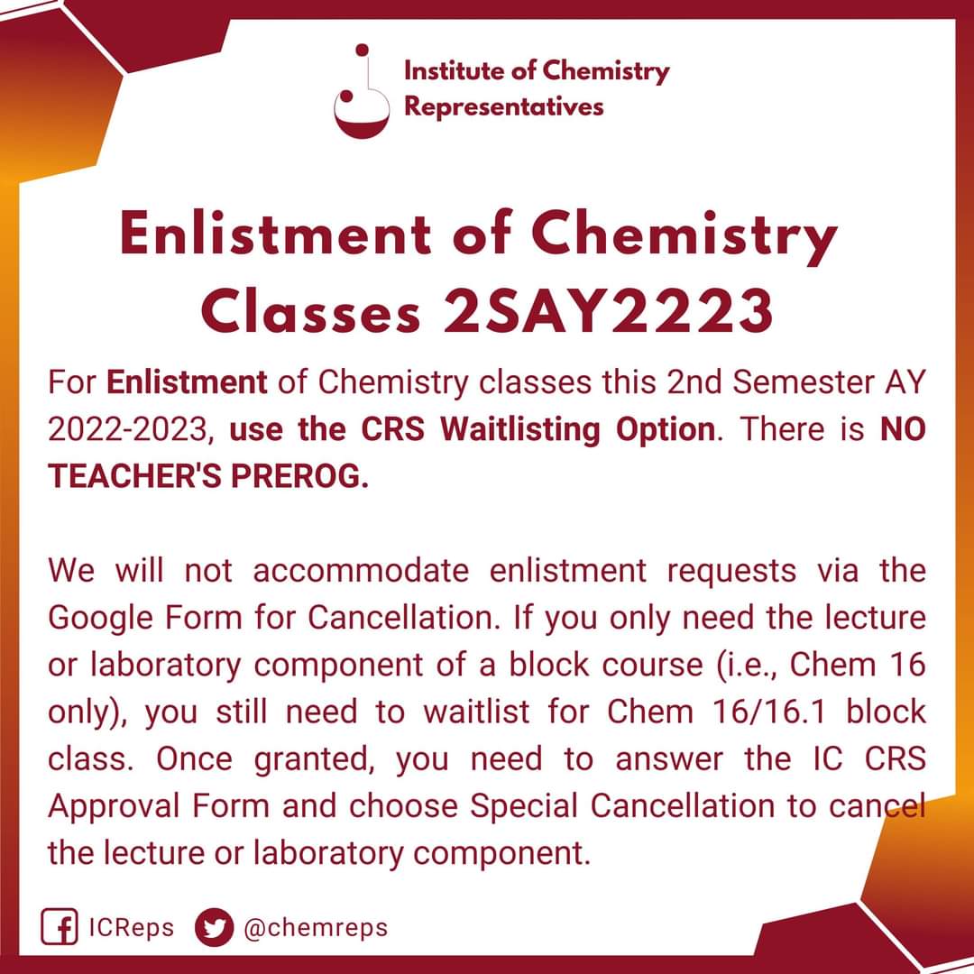 chemreps's tweet photo. ‼️ Institute of Chemistry Registration Primer for 2nd Semester AY 2022-2023‼️

Please check everyone! https://t.co/vhaPH7SSU2