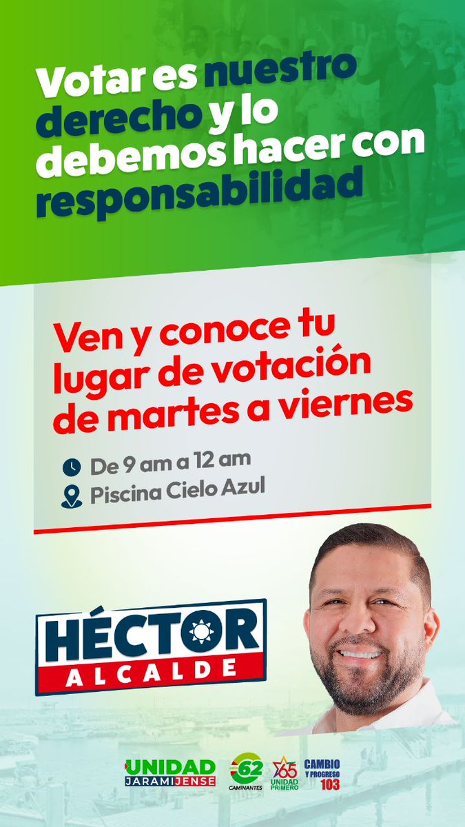 HEGASS's tweet photo. #InformaciónDeDóndeVotar 📌

Tendremos brigadas de información, que inician desde el martes 31 de enero, hasta el viernes 3 de febrero. 🗓 de 09H00 a las 12H00 ⏰ en la piscina Cielo Azul. 💪

#HéctorLideraContigo
#HéctorLideraJaramijó
#HéctorTranforma
#JaramijóTransformado https://t.co/zjLxWi9z6g