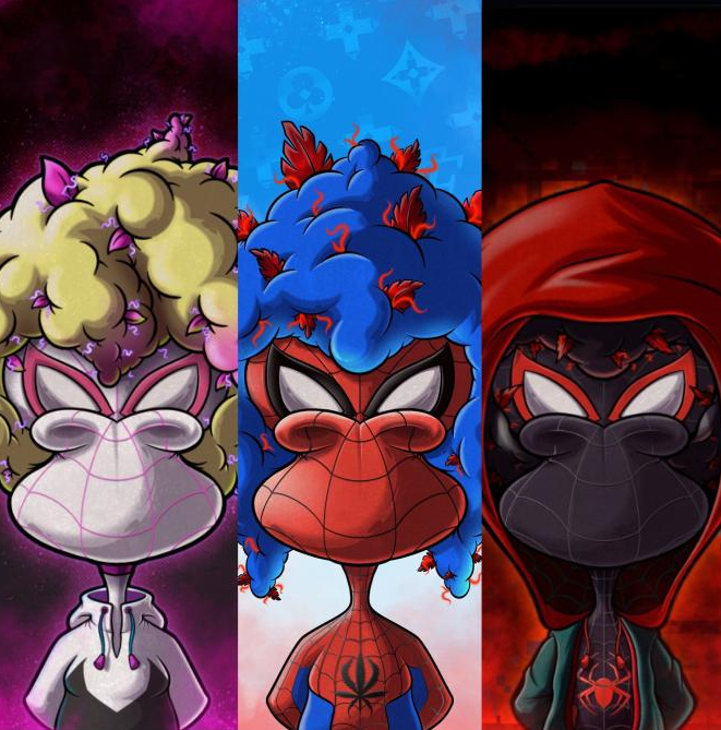 Pop_Paragon's tweet photo. Who should be the next addition to my Spider-Kush family? #NFTs #Spiderman #Marvel #SkunkMonkey https://t.co/ZQC0gCmXi5