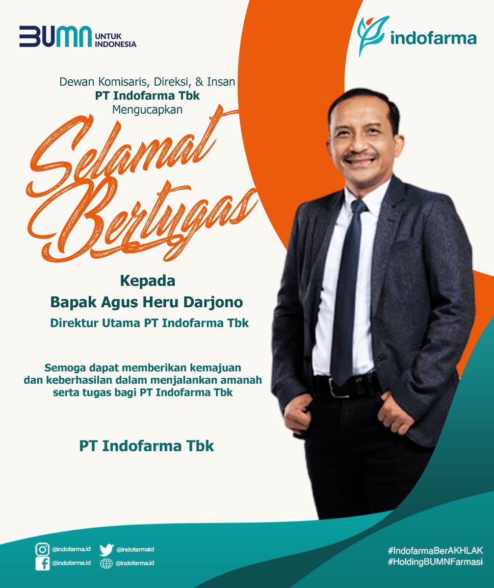 Selamat bertugas kepada *Bapak Agus Heru Darjono, sebagai Direktur Utama PT Indofarma Tbk*. Semoga dapat memberikan kemajuan dan keberhasilan dalam menjalankan amanah serta tugas bagi PT Indofarma Tbk 

#Indofarma