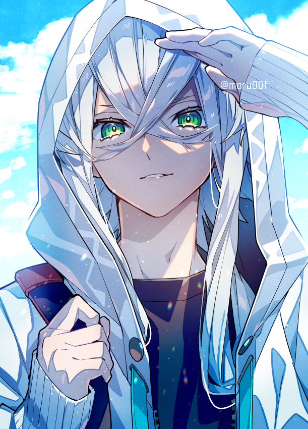 1boy male focus solo hood up hood green eyes jacket  illustration images