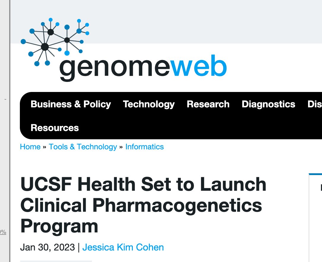 Exciting news! #UCSFHealth launching Clinical #Pgx Program led by <a href="/RussCucina/">Russ Cucina, MD</a> w/<a href="/LisaKroon6/">Lisa Kroon, PharmD</a> testing 17 #genes for response to 62 #drugs for #mentalhealth, #Cancer &amp; #infectiousdiseases. Preemptive PGx care aimed at reducing the overall #costOfCare. #pmwc23 archive.ph/rD2Q0#selectio…