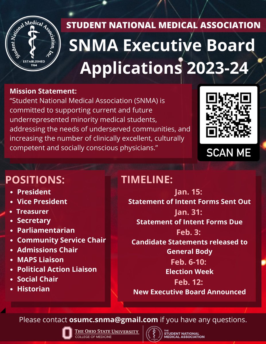 This is a final reminder that the SNMA Executive Board Letter of Intent Application is due tomorrow, Jan. 31st at 11:59 pm! We cannot wait to see who will be taking on these leadership roles!

Link to Application Form (Due 01/31): forms.gle/WYmEXtYo5iuys5…