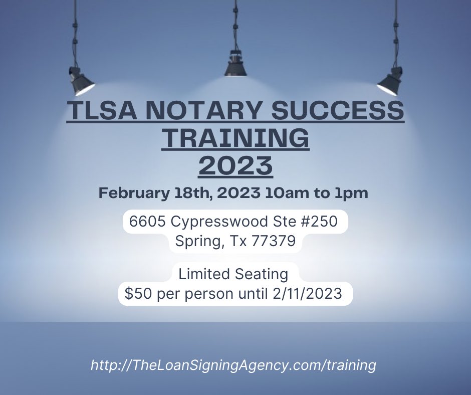 T_L_S_A's tweet image. We are excited to announce that we have a location for our North Houston training!!! We will be utilizing the Real Estate Lounge Houston North location. I want to see as many notaries survive and THRIVE during this challenging market.
TheLoanSigningAgency.com/training for more details.