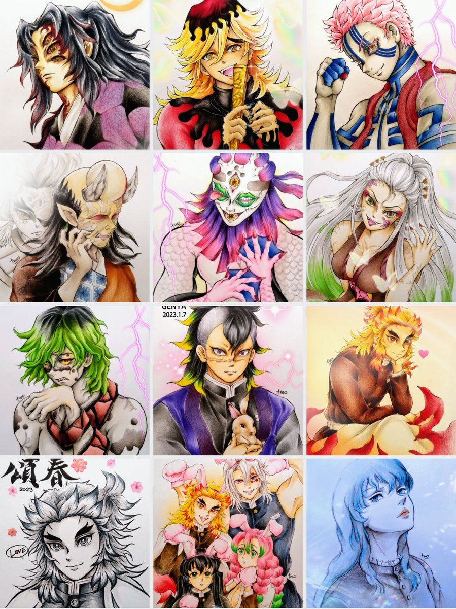 #今月描いた絵を晒そう 
家事、お仕事お疲れさまです☺
1月も🖼観てくださり♡💬♻️フォロー頂きまして本当にありがとうございます🙏丸一ヶ月‥なんとか上i弦👹を描くことが出来ました!キモチワルイ😱不i気i味😖とのリプ…こんなに嬉しい事はございません😭🙏💕💕来月もよろしくお願いします🙌💕💕 