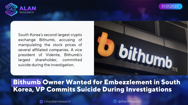 AlanResearch's tweet photo. 🚨BREAKING: Bithumb Owner Wanted for Embezzlement in South Korea, VP Commits Suicide During Investigations
Follow and RT @AlanResearch for latest #CryptoNews
#AlanResearch #NFT https://t.co/753YaMnH5B