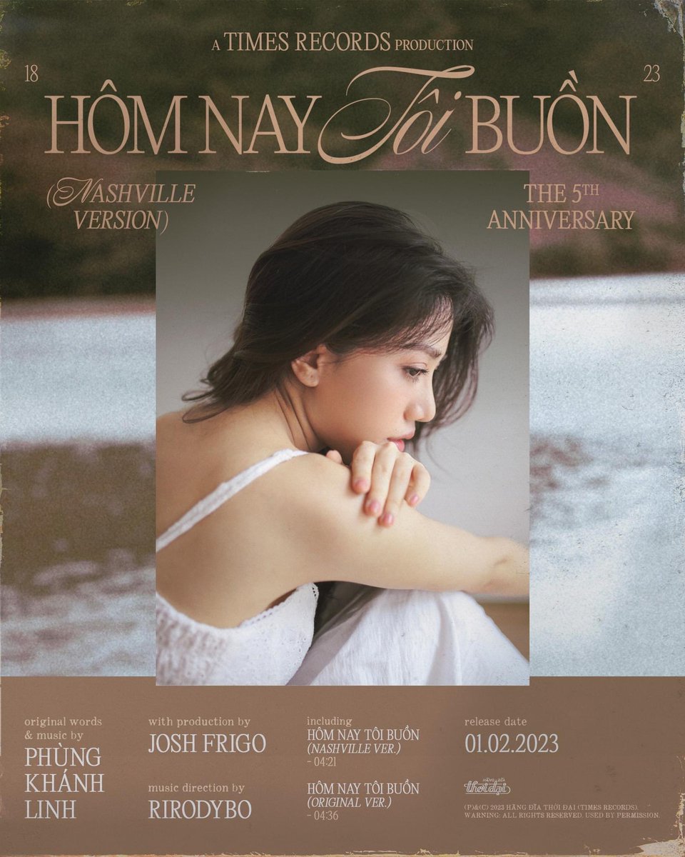 𝗛𝗼̂𝗺 𝗡𝗮𝘆 𝗧𝗼̂𝗶 𝗕𝘂𝗼̂̀𝗻 (Nashville Version)
01.02.18 - 01.02.23
🎂 Một món quà đặc biệt dành tặng khán giả, cho gia đình Lynese yêu quý nhân dịp kỉ niệm 5 năm phát hành 
#HomNayToiBuon #The5thAnniversary #PhungKhanhLinh #HangDiaThoiDai #TimesRecords