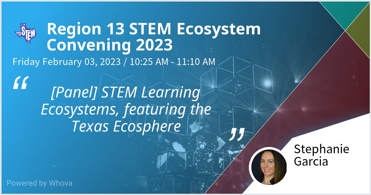 STEMinistx's tweet photo. I am speaking at Region 13 STEM Ecosystem Convening 2023. Please check out my talk if you're attending the event! #R13STEM @Region13 #TexasEcosySTEM #StateofSTEM - via #Whova event app https://t.co/0HaicqxkKL
