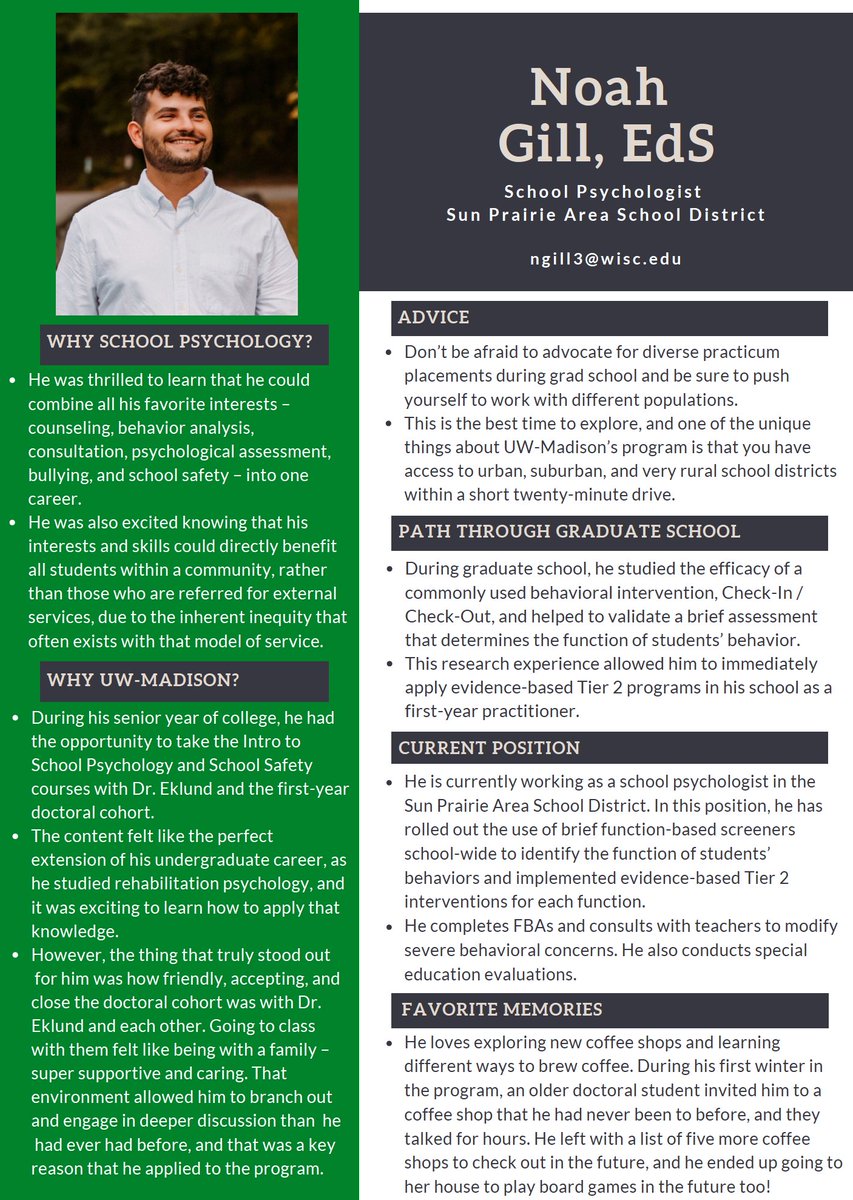 We recently caught up with alum Noah Gill. Noah is a school psychologist with the Sun Prairie Area School District. Check out this feature to learn more about Noah’s current role and reflections on his time in graduate school at UW-Madison.
