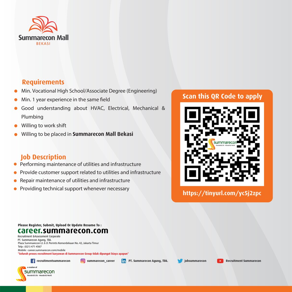 summareconkarir's tweet photo. OPEN RECRUITMENT
TECHNICIAN
For more information, please click the link here:
https://t.co/79W9T3bPZk
#summareconagung #summarecon #summareconcareer #webcareer #career #loker #infoloker #loker2023 #infoloker2023 #lowongankerja #jobvacancy #lokerbekasi https://t.co/lhJKIqZoqc