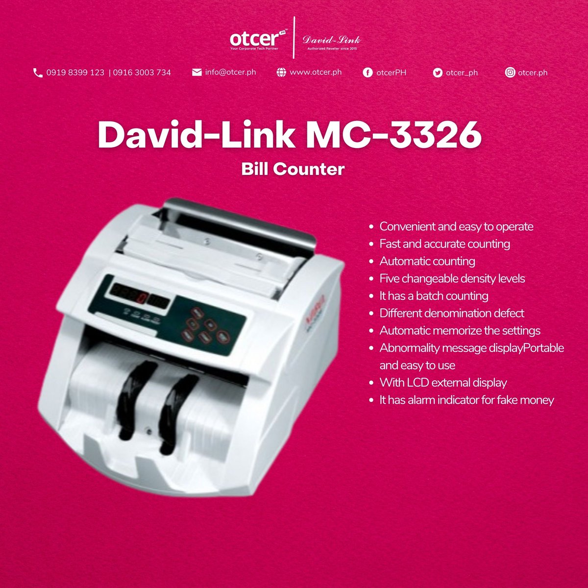 otcer_ph's tweet image. Efficiency meets accuracy with the David-Link MC-3326 bill counter. Count your cash with ease and confidence.

David-Link MC-3326
Php 10,390.00

#DavidLinkMC3326 #BillCounter #CashCounting #Efficiency #Accuracy #SmartOffice #MoneyManagement #Otcer #OtcerPH #AuthorizedReseller