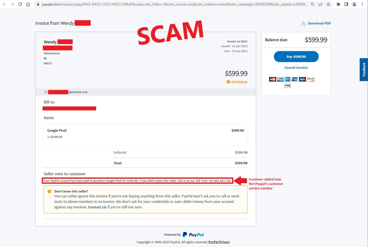 🚨Scam Alert! Scammers are sending emails asking for a PayPal payment for a Google Pixel phone (or other goods) you never purchased. The invoice contains the scammer's phone number. Don’t open the link or call the number, just delete the email.