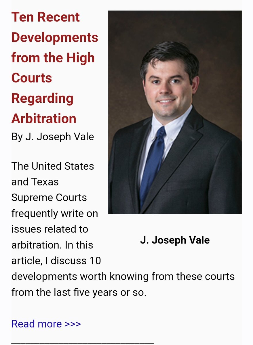 Joseph Vale (@josephvale) on Twitter photo Grateful to the State Bar of Texas Litigation Section for running my article "Ten Recent Developments from the High Courts Regarding Arbitration" in this month's News for the Bar.
Link: iz3.me/nJG17zpPS3C1
<a href="/statebaroftexas/">State Bar of Texas</a>
<a href="/SBOTLitSec/">SBOT Litigation</a> Grateful to the State Bar of Texas Litigation Section for running my article "Ten Recent Developments from the High Courts Regarding Arbitration" in this month's News for the Bar.
Link: iz3.me/nJG17zpPS3C1
<a href="/statebaroftexas/">State Bar of Texas</a>
<a href="/SBOTLitSec/">SBOT Litigation</a>