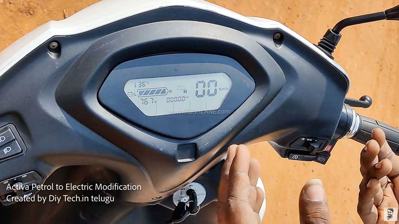 RushLane on X Old Honda Activa converted into electric scooter. 2.88 kWh battery 120 km range 55 kmph top speed Total cost of modification including the cost of Old Activa is Rs