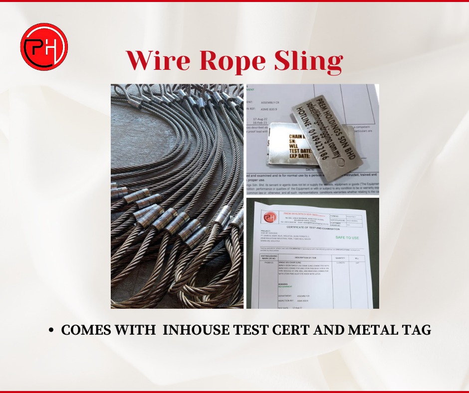 High-quality wire rope slings with metal tags &amp; test certificates available. SIRIM-approved materials. Ideal for construction, industrial &amp; marine. Contact us for safe &amp; efficient lifting solutions. #premholdings #liftingandrigging #WireRopeSlingSupply #MetalTag #TestCertificate
