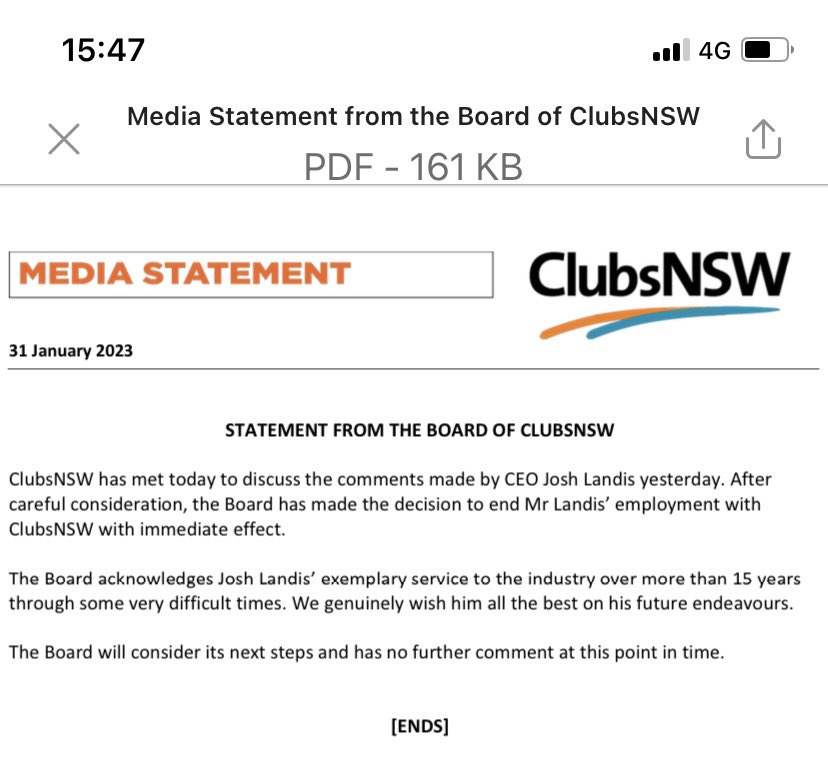 Statement from Clubs NSW