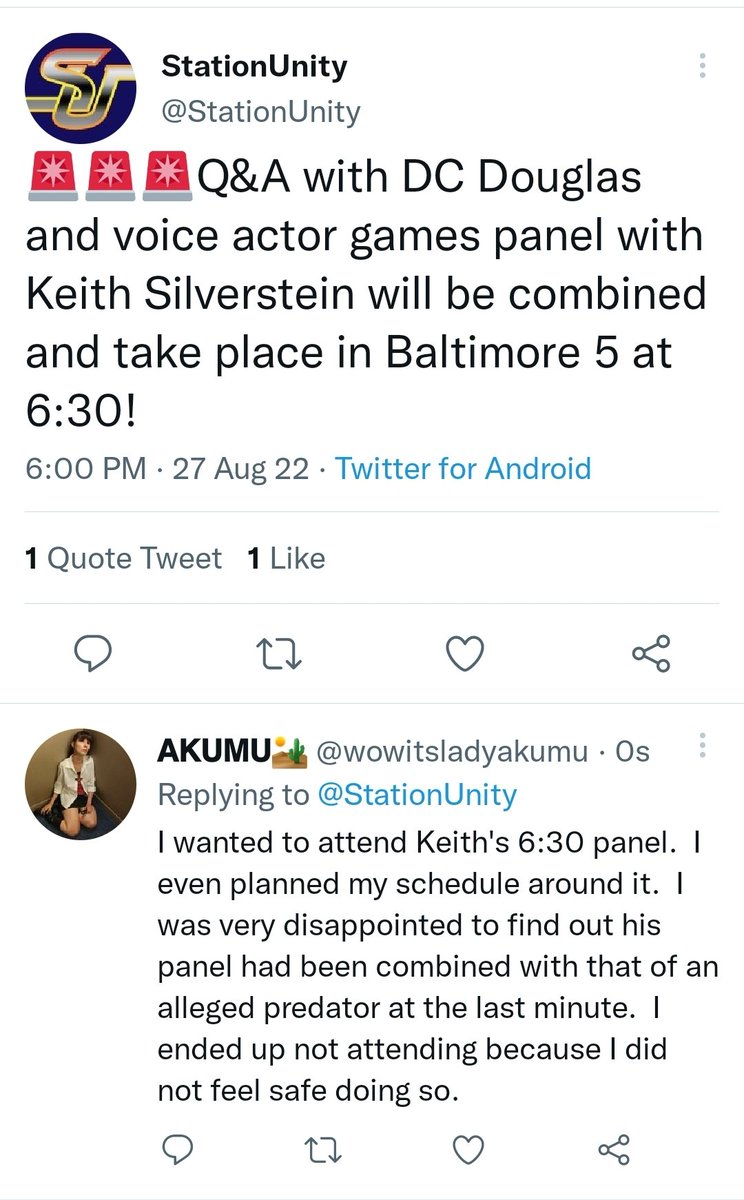 wowitsladyakumu's tweet photo. Around 6, I checked my socials and found announcements that DCD would be joining Keith's panel. I responded to the announcements and skipped the panel. SU later deleted the IG announcement, seemingly to delete my comment. #StationUnity #SU2022 #StationUnity2022 https://t.co/DB4eTAv0Od