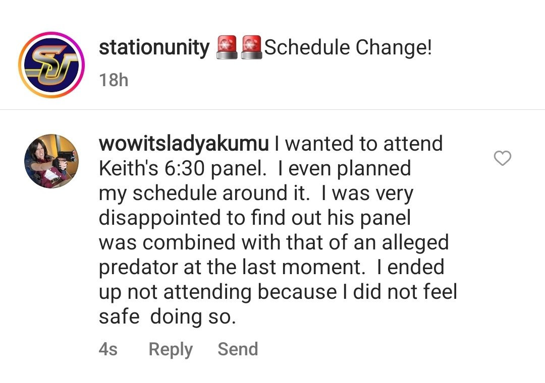wowitsladyakumu's tweet photo. Around 6, I checked my socials and found announcements that DCD would be joining Keith's panel. I responded to the announcements and skipped the panel. SU later deleted the IG announcement, seemingly to delete my comment. #StationUnity #SU2022 #StationUnity2022 https://t.co/DB4eTAv0Od