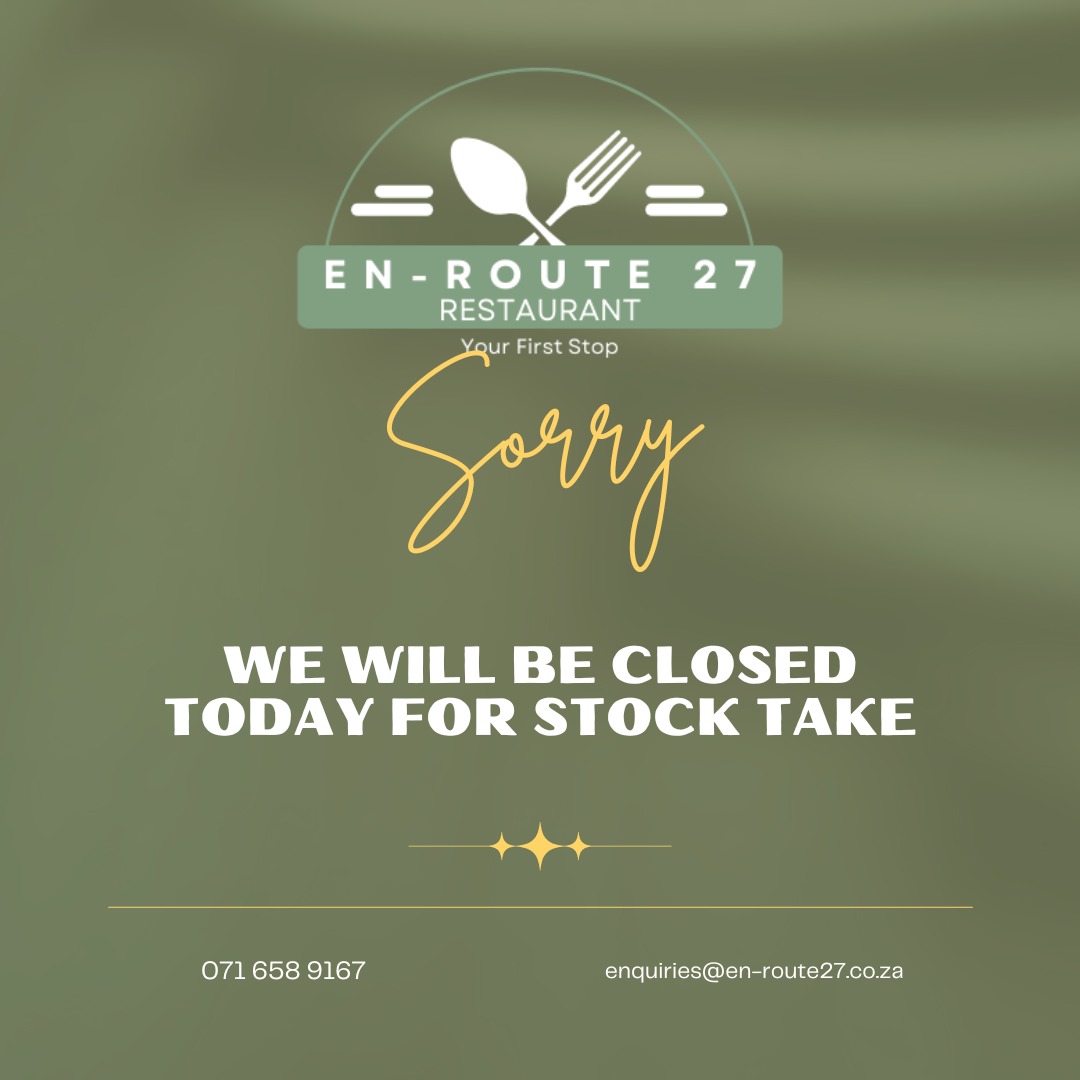 Enroute27's tweet photo. See you on the 1st of February 2023 for breakfast!

Contact Details:
Office number +2771 658 9167
Email to: enquiries@en-route27.co.za

#stocktake #closed #closed31January2023 #open1February2023 https://t.co/YQRKN2hZjk