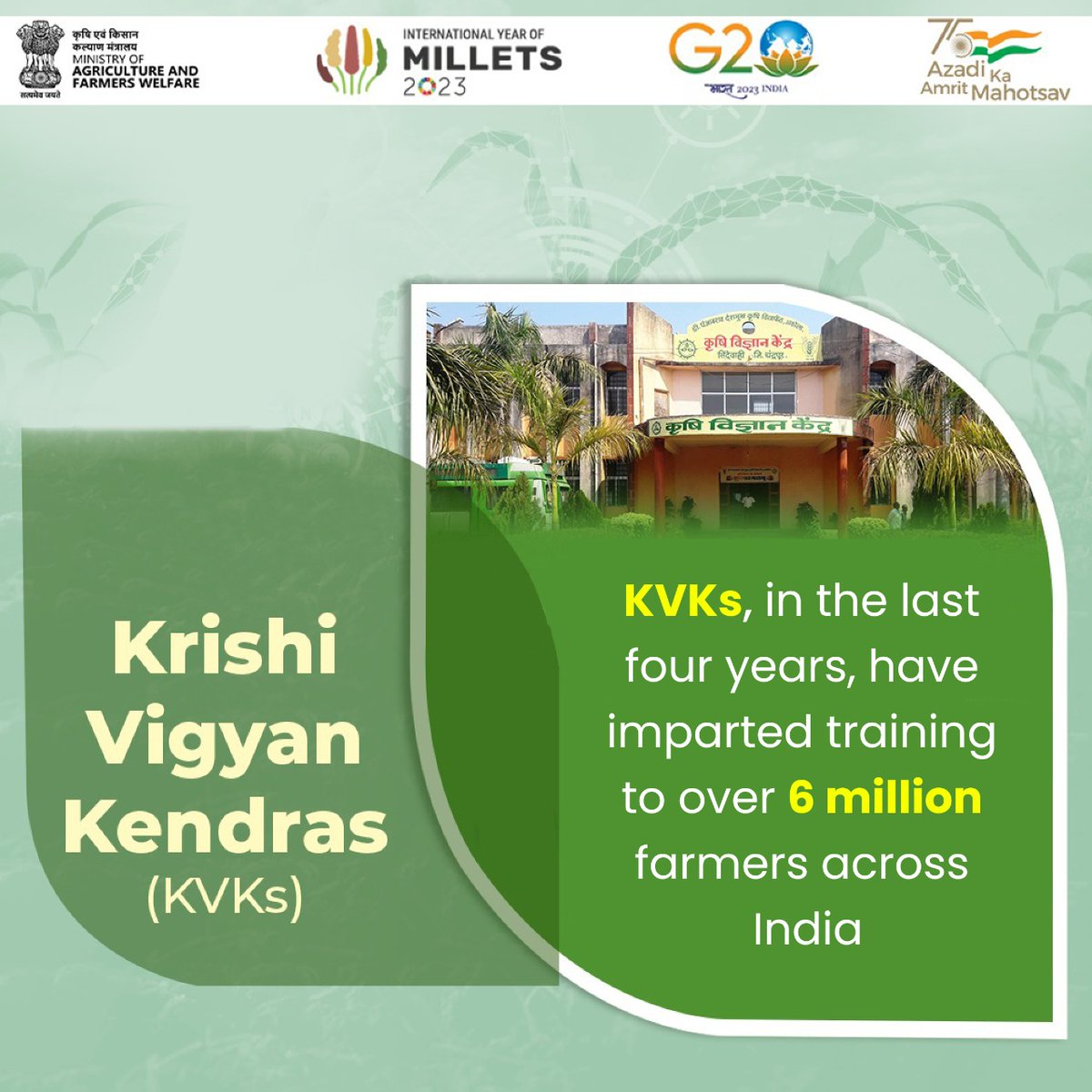 KVKs, in the last four years, have imparted training to over 6 million farmers across India.
#TransformingAgriculture 
#agriculture #krishivigyankendra
#agrigoi