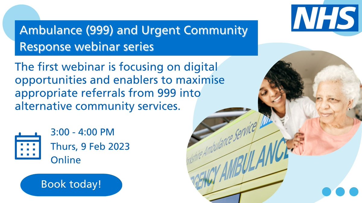 Community Health Services (@nhsenglandchs) on Twitter photo We are running a series of webinars to support implementation & collaboration between community care & Ambulance services. The 1st webinar is focusing on digital opportunities to maximise referrals from 999 into alternative community services.
To register: gbr01.safelinks.protection.outlook.com/?url=https%3A%… We are running a series of webinars to support implementation & collaboration between community care & Ambulance services. The 1st webinar is focusing on digital opportunities to maximise referrals from 999 into alternative community services.
To register: gbr01.safelinks.protection.outlook.com/?url=https%3A%…