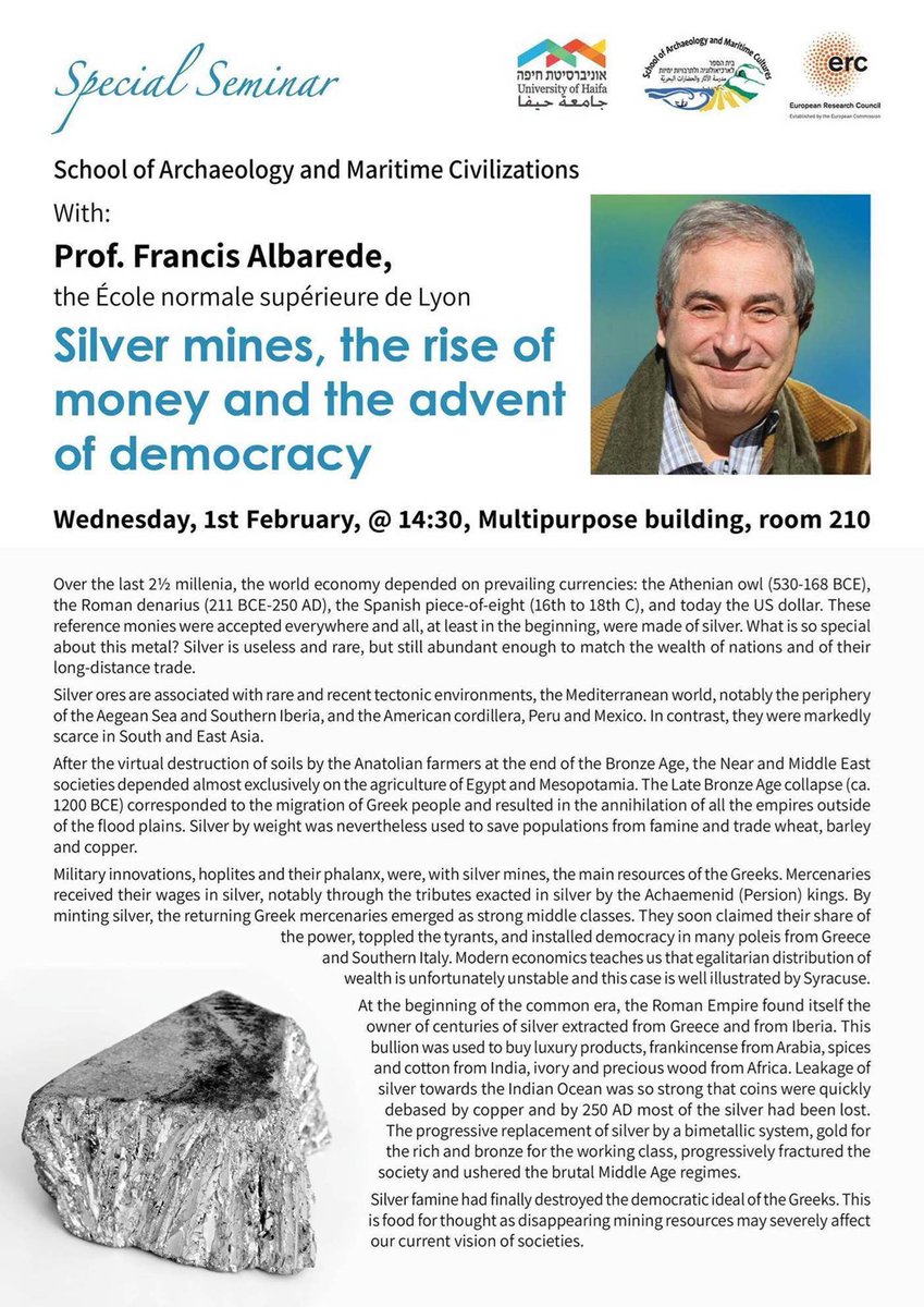 On Wednesday, February 1 at 2:30 p.m., Prof. Francis Alvard, will be giving a special lecture in the archaeology collections room (210), in the multi-purpose building.
 
Prof. Albarede is a geochemist, and in his lecture he combines geochemistry, archaeometallurgy and history.