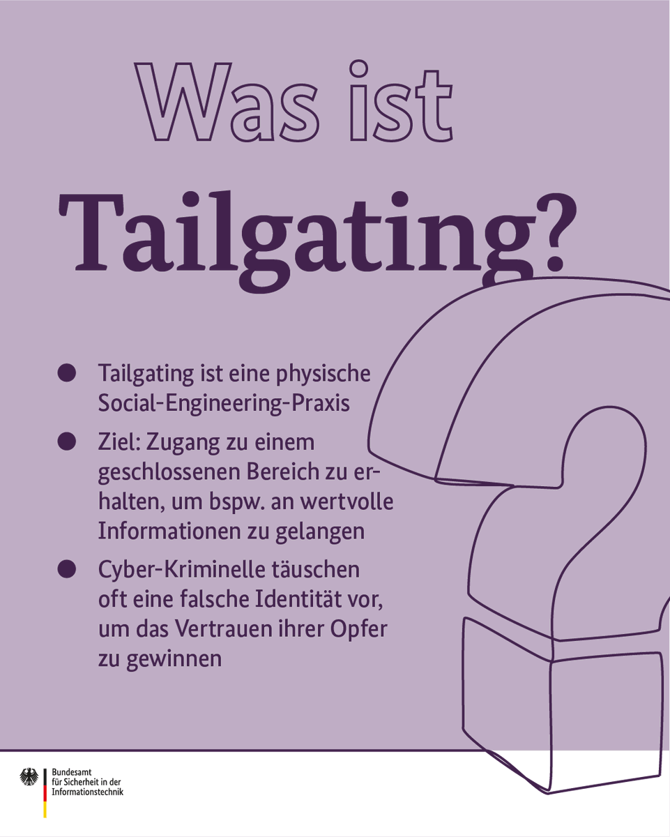BSI_Bund's tweet photo. Ein Beispiel für ganz analoge Real-Life-Methoden der Cyber-Kriminalität ist das sogenannte #Tailgating. 🕵
Dabei schleichen sich Cyber-Kriminelle hinter Personen mit Zugang zu gesicherten Räume oder Systemen ein.

#DeutschlandDigitalSicherBSI https://t.co/ijVkLcowZ4