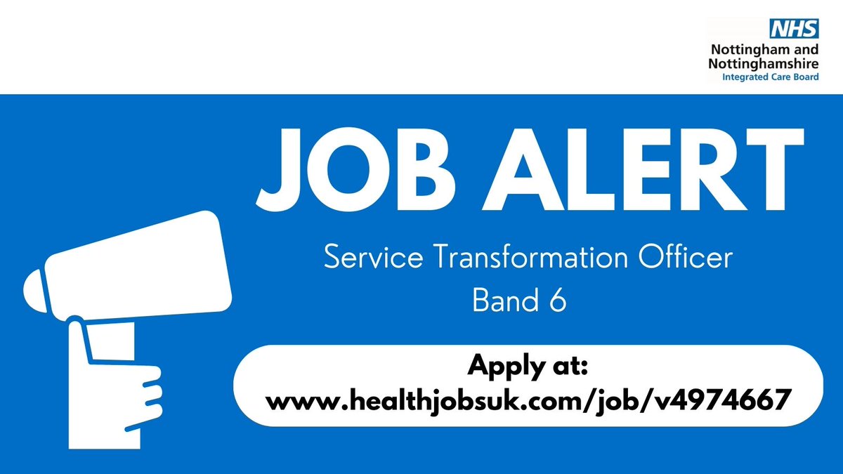 Nottingham City Place-Based Partnership (@nottmcitypbp) on Twitter photo There is an exciting opportunity to join colleagues in the City Locality Team <a href="/NHSNotts/">NHS Nottingham and Nottinghamshire</a> as a Service Transformation Officer.
Find out more and apply: healthjobsuk.com/job/v4974667 There is an exciting opportunity to join colleagues in the City Locality Team <a href="/NHSNotts/">NHS Nottingham and Nottinghamshire</a> as a Service Transformation Officer.
Find out more and apply: healthjobsuk.com/job/v4974667