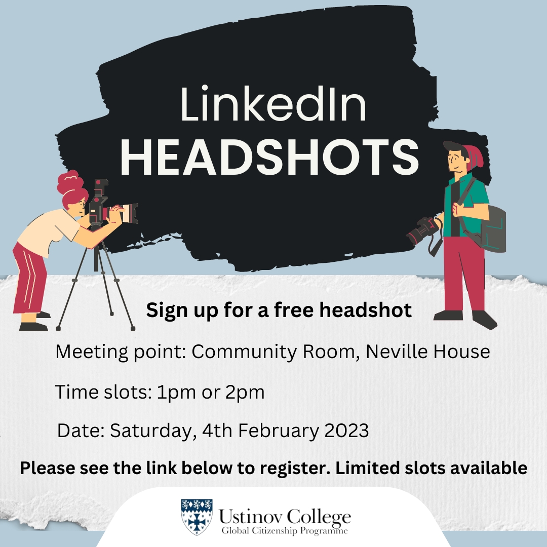 LinkedIn Headshots – Sat 04 Feb 1pm – Community Room, Neville House. Free headshot session for anyone that needs a new photo for LinkedIn. Limited slots available. 
Registration link: forms.gle/Lstjwtkep61EJh… 
#SUCCESS #headshots #LinkedIn #ustiovians #globalcitizens