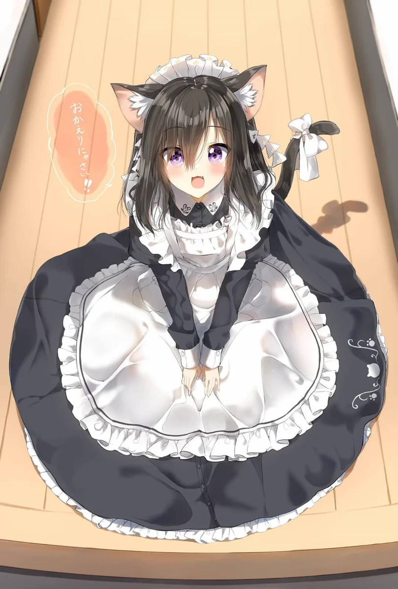 Cat girl in a maid outfit sitting on the floor looking happily at you.