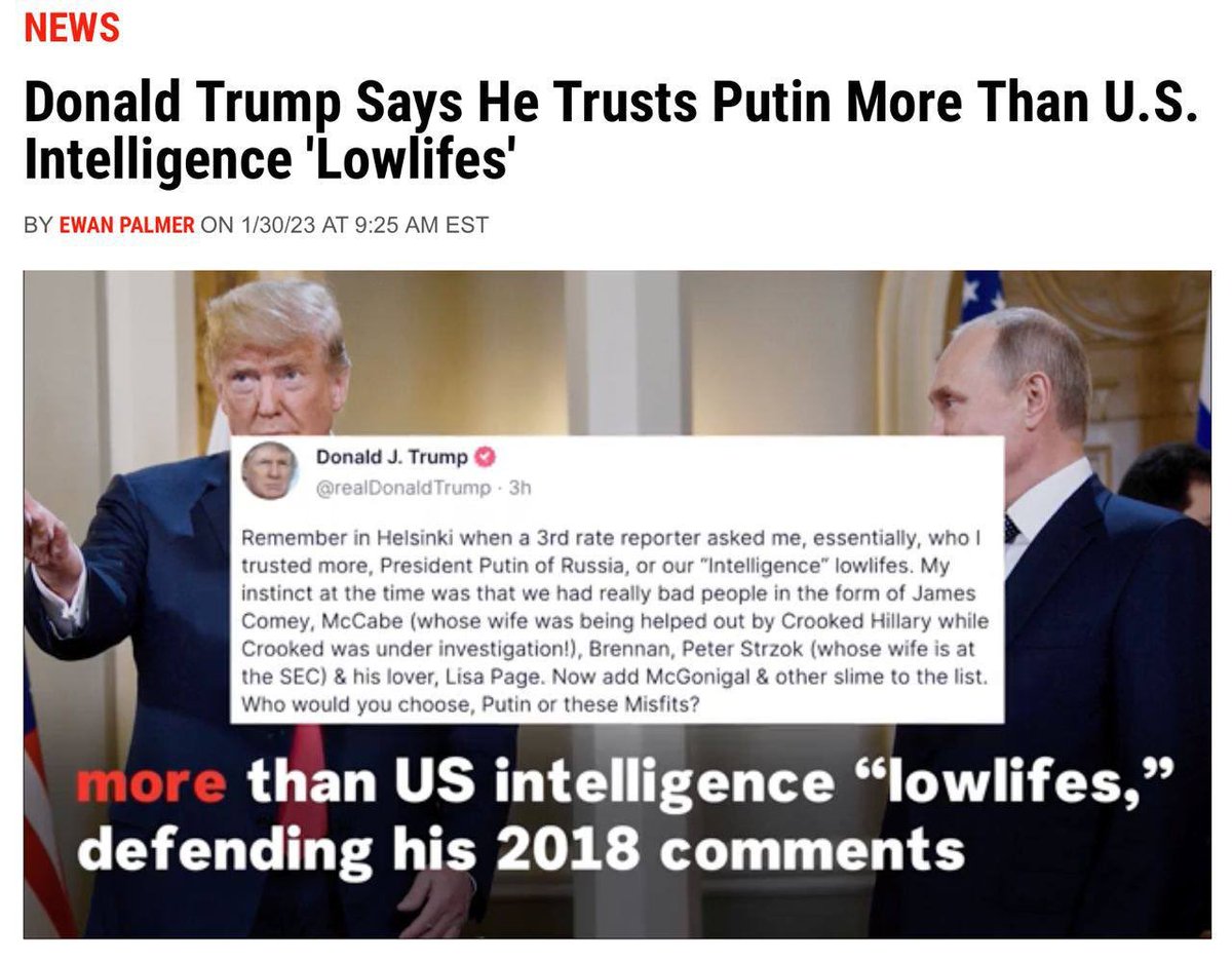 Trump dit qu'il fait plus confiance à Poutine qu'aux crapules du renseignement américain
 
L'ancien président américain a fait référence à son propre commentaire, qu'il a fait après une rencontre avec Poutine en 2018