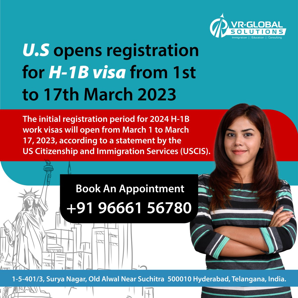 TeamVrGlobal's tweet photo. USCIS announced H-1B visa registration dates for 2024. Registrations will start on March 1st and will end on March 17th, 2023
USCIS will assign a number to each registration for tracking. The registration fee will be $10.

#us #usa #usatravel #H1B #H1BVisa #immigration https://t.co/5L8rrNe6O5