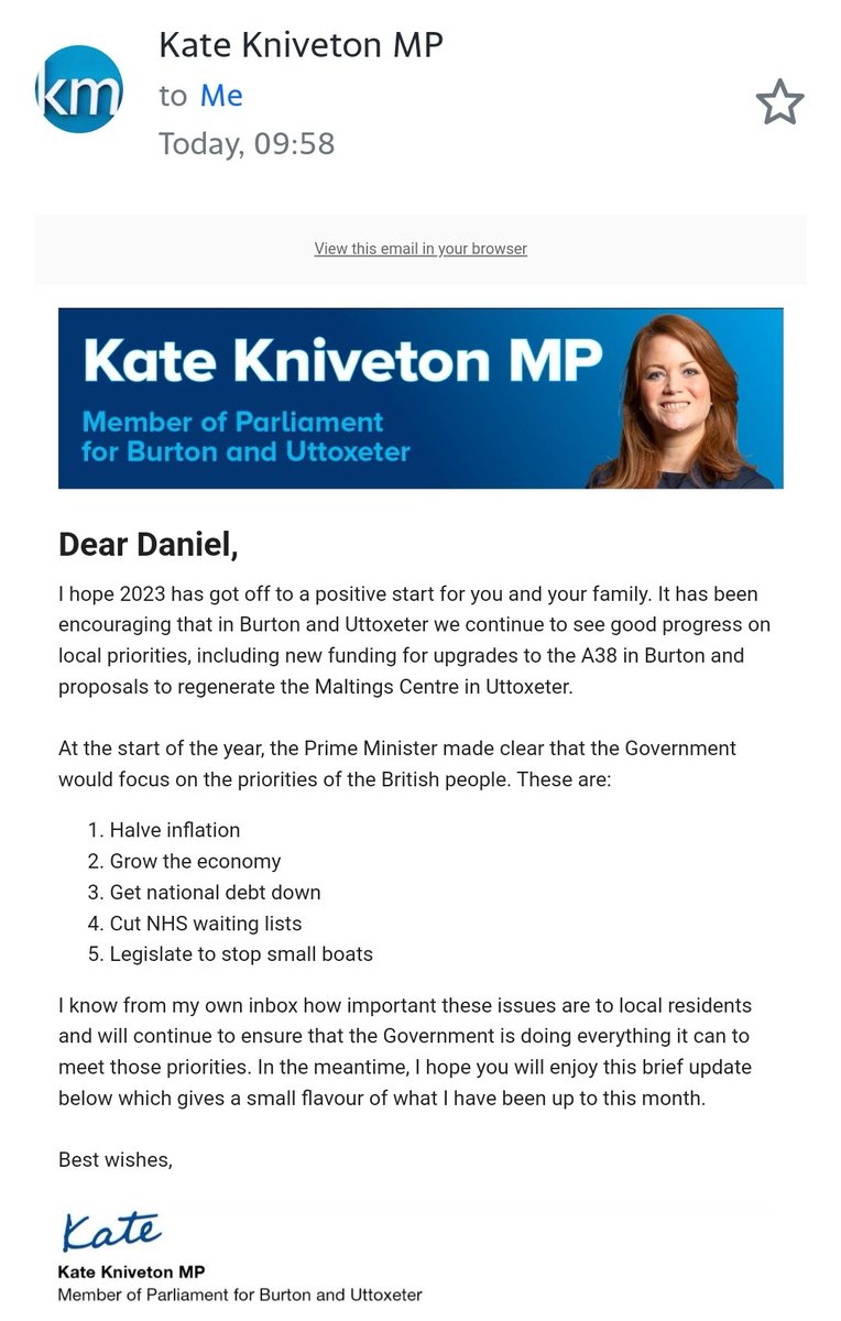 Local MP newsletter out. Where's 'oust the Tories' from the priorities list?

And stopping small boats seems a bit harsh. What about all the winners on Bullseye?

#FuckTheTories #BurtononTrent #BurtonuponTrent #Conservatives #Conservatwats