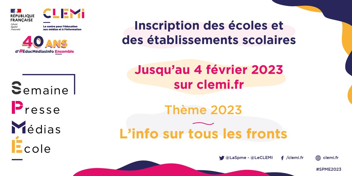 acTlseEG: RT <a href="/LeCLEMI/">CLEMI</a>: 🔔J-5 pour inscrire votre école, collège, lycée à la Semaine de la presse et des médias dans l'École. Enseignants, le #CLEMI vous accompagne dès le mois de février avec une série de webinaires  d'accompagnement thématiques #SPME…