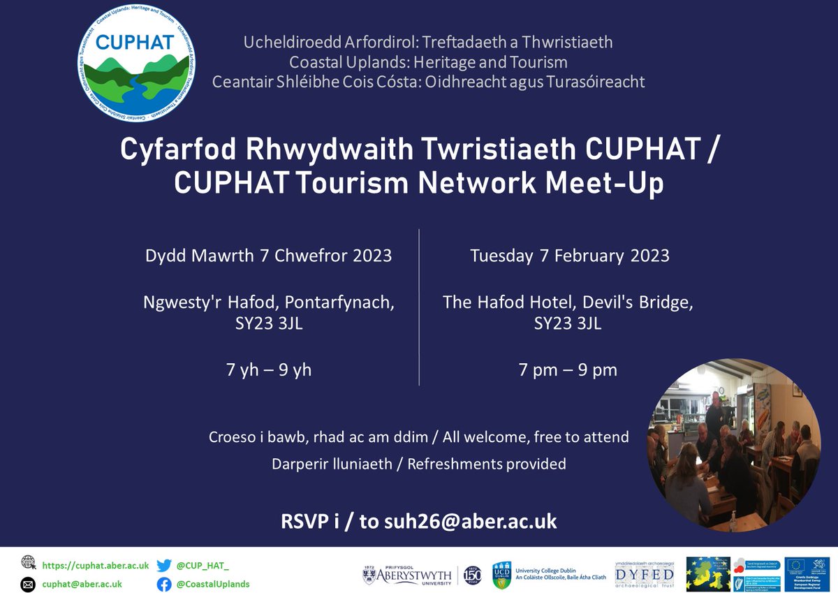 There’ll be another #TourismNetworkMeetUp for #CUPHATs Welsh side of the #TourismNetwork next Tues in The Hafod Hotel from 7-9pm. 

Bydd #CyfarfodRhwydwaithTwristiaeth arall ar gyfer #RhwydwaithTwristiaeth #CUPHAT yng Ngwesty’r Hafod o 7-9yh.