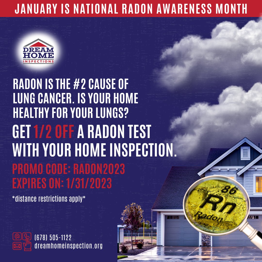 atlhomeinspect's tweet image. We're offering 1/2 off RADON test when combined with the home inspection during the month of January! Don't miss out on this chance to get your property checked for unsafe radon levels. Book your inspection today and save!

#RadonInspection #RadonAwareness #JanuaryPromotion