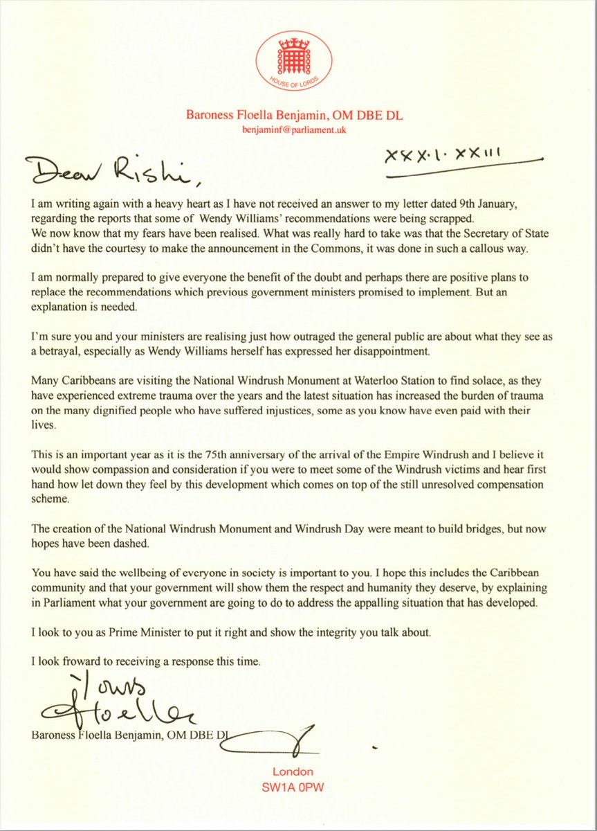 Floella Benjamin (@floellabenjamin) on Twitter photo As I have not received a reply to my first letter I’ve written this follow up letter to the Prime Minister expressing my dismay and disappointment at his government’s complete lack of respect for the #Windrush Generation <a href="/RishiSunak/">Rishi Sunak</a> <a href="/LibDems/">Liberal Democrats</a> <a href="/ukhomeoffice/">Home Office</a> As I have not received a reply to my first letter I’ve written this follow up letter to the Prime Minister expressing my dismay and disappointment at his government’s complete lack of respect for the #Windrush Generation <a href="/RishiSunak/">Rishi Sunak</a> <a href="/LibDems/">Liberal Democrats</a> <a href="/ukhomeoffice/">Home Office</a>