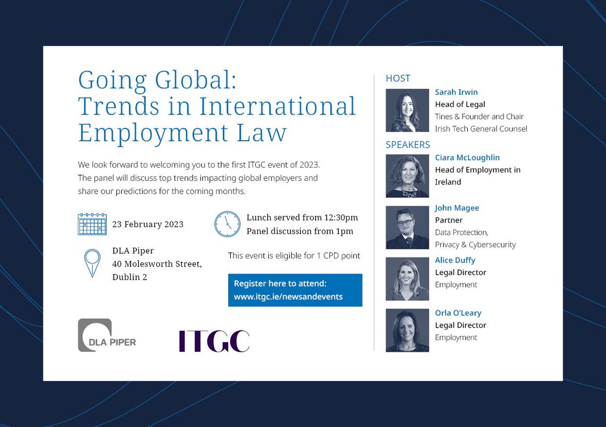 Join me on Thurs 23 Feb for @IrishTechGCs first CPD event of the year at @DLA_Piper’s Dublin office! We will be covering key employment law trends impacting in-house lawyers in 2023z Link in bio to register! #itgc #irishtechgc #irishtechgeneralcounsel #community #employmentlaw